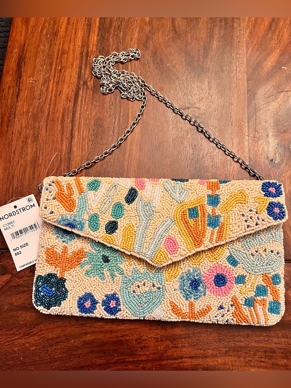 Nordstrom Beaded Floral Envelope Clutch - Cream with Blue, Orange & Pink